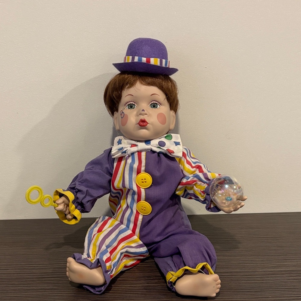 Charming Purple Porcelain Clown Doll with Bubble Wand